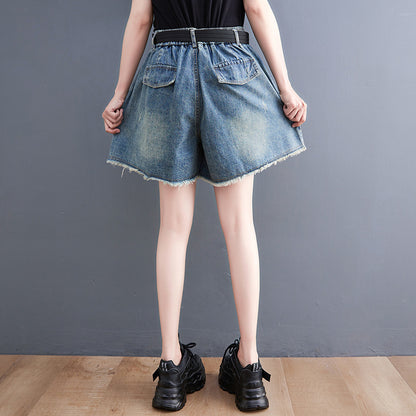 Korean Style Denim Stitching Washed Shorts for Women