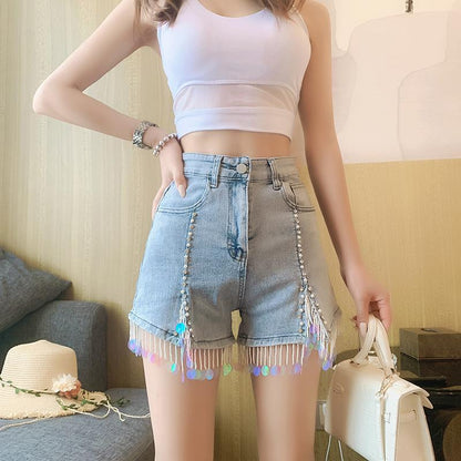 Slim-Fit High Waist Denim Shorts with Sequin Embellishments