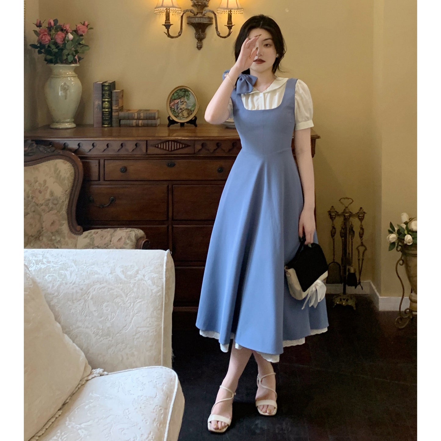 Waist Slimming Strap Dress with Pleated Wide-leg Pants