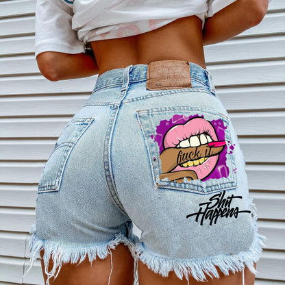 Trendy Mouth Biting Finger Print Denim Shorts-Chic and Edgy