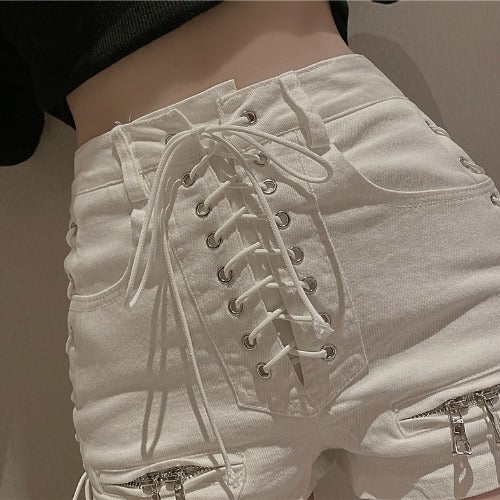 High Waist Zipper Strap Denim Shorts for a Fashion-Forward Look