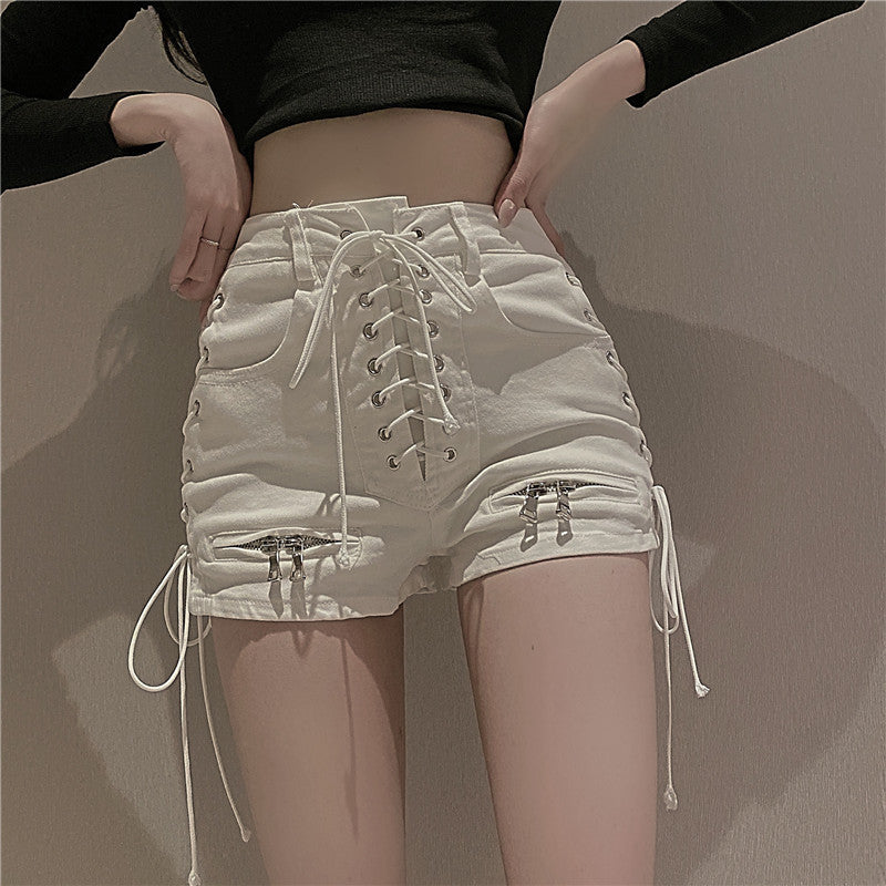 High Waist Zipper Strap Denim Shorts for a Fashion-Forward Look