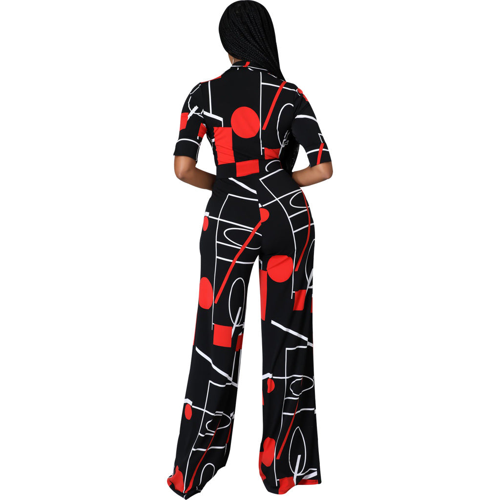 V-Neck Women's Jumpsuit with Fashion Digital Printing-Long and Stylish