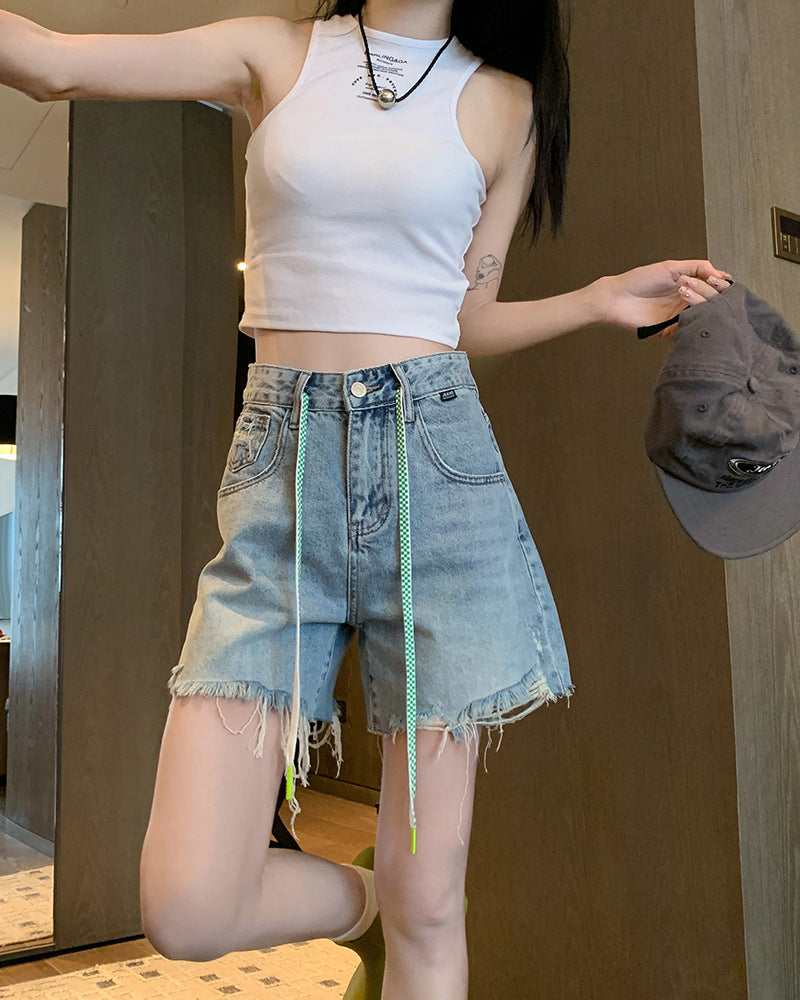 High Waist Wide Leg Denim Shorts with a Trendy Raw Edge Finish