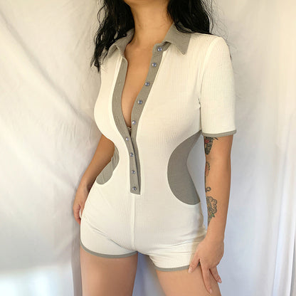 Sport Lapel Breasted Jumpsuit Shorts for Casual Cool