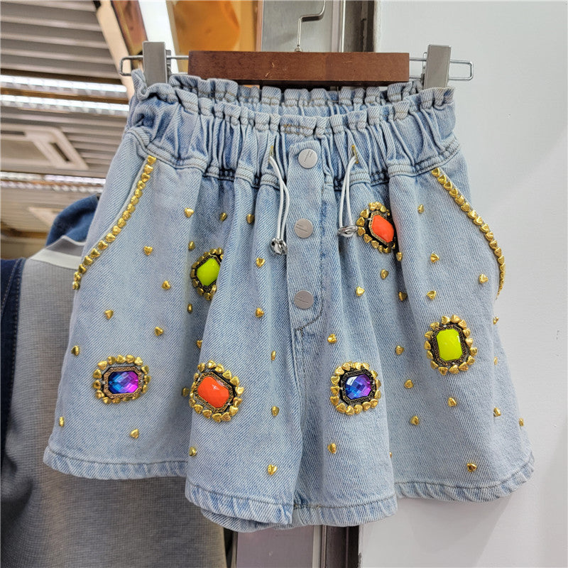 Diamond-Beaded High-Waist Denim Shorts for a Glamorous Look