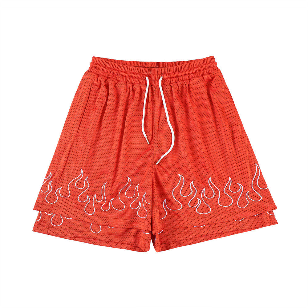 Flame Embroidered Fake Two-Piece Sports Shorts for Men's Fashion