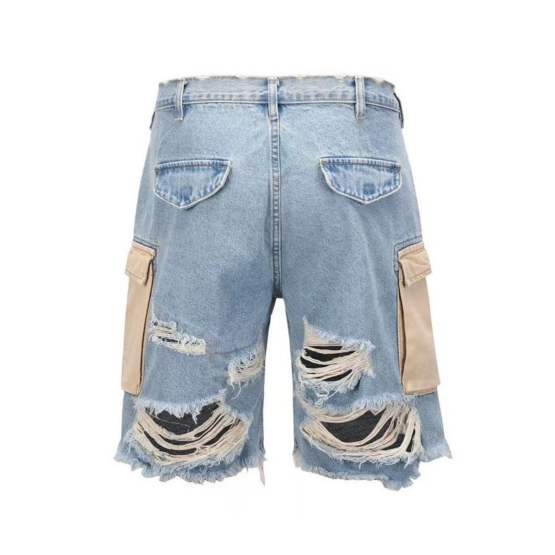 Big Hole Raw Fringed Tassel Wash Whisker Shorts for a Trendy Look