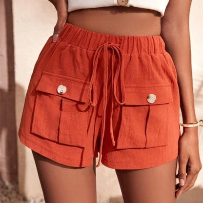 Women's Pocketed Loose Cargo Shorts with Mid Waist and Drawstring