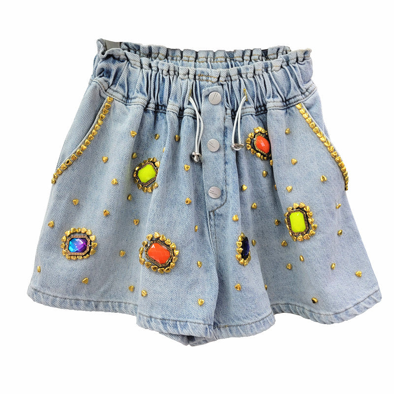 Diamond-Beaded High-Waist Denim Shorts for a Glamorous Look