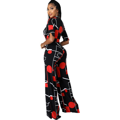 V-Neck Women's Jumpsuit with Fashion Digital Printing-Long and Stylish