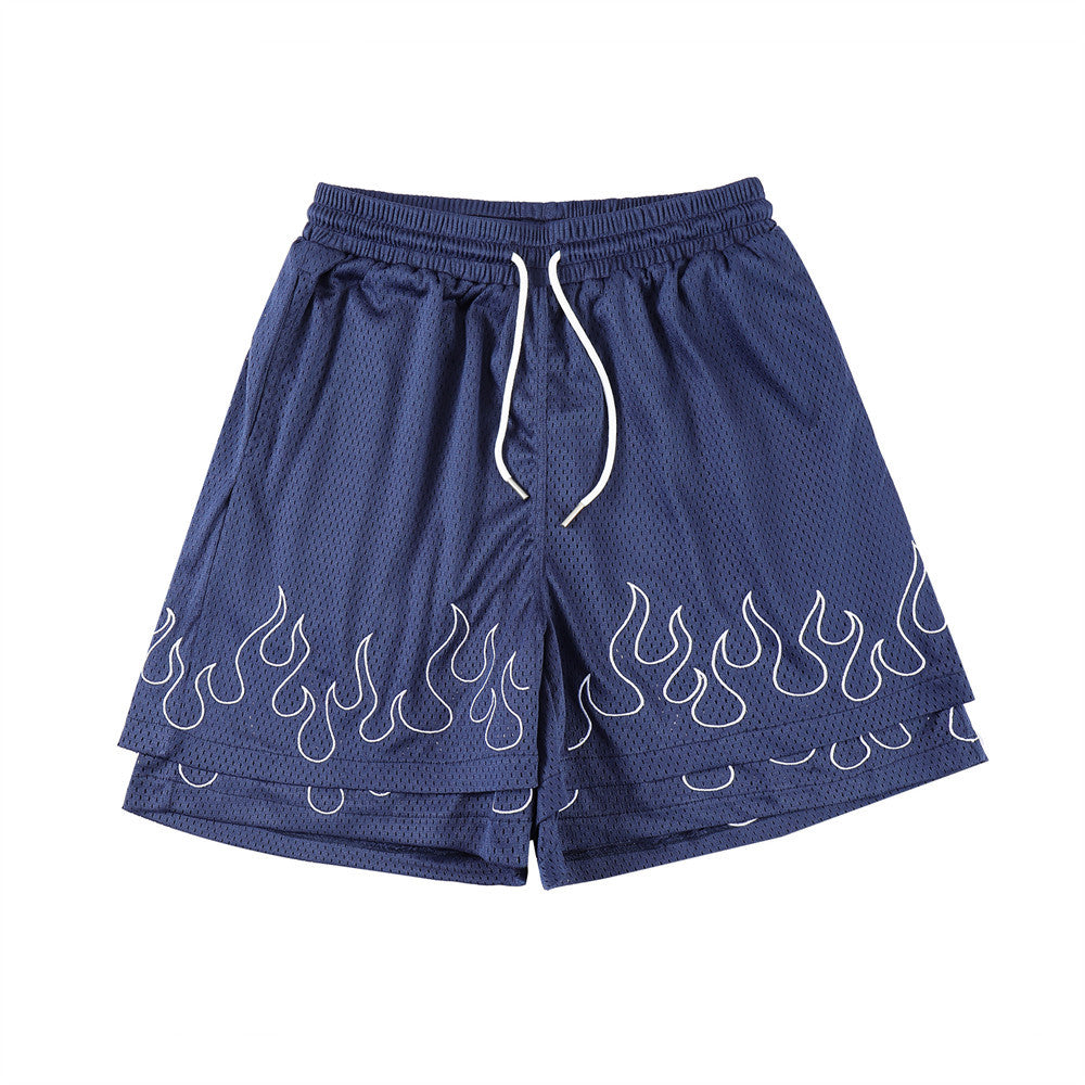 Flame Embroidered Fake Two-Piece Sports Shorts for Men's Fashion