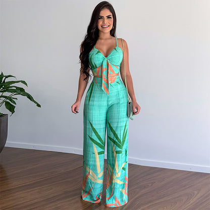 Floral Spaghetti Strap Crop Top with High Waist Wide Leg Pants Set