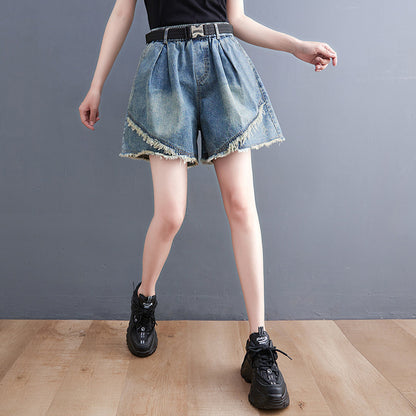 Korean Style Denim Stitching Washed Shorts for Women