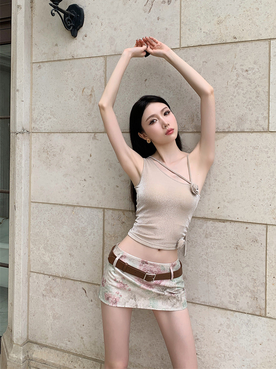 Champagne Cross Rose Shoulder Strap Top with Low Waist Short Skirt