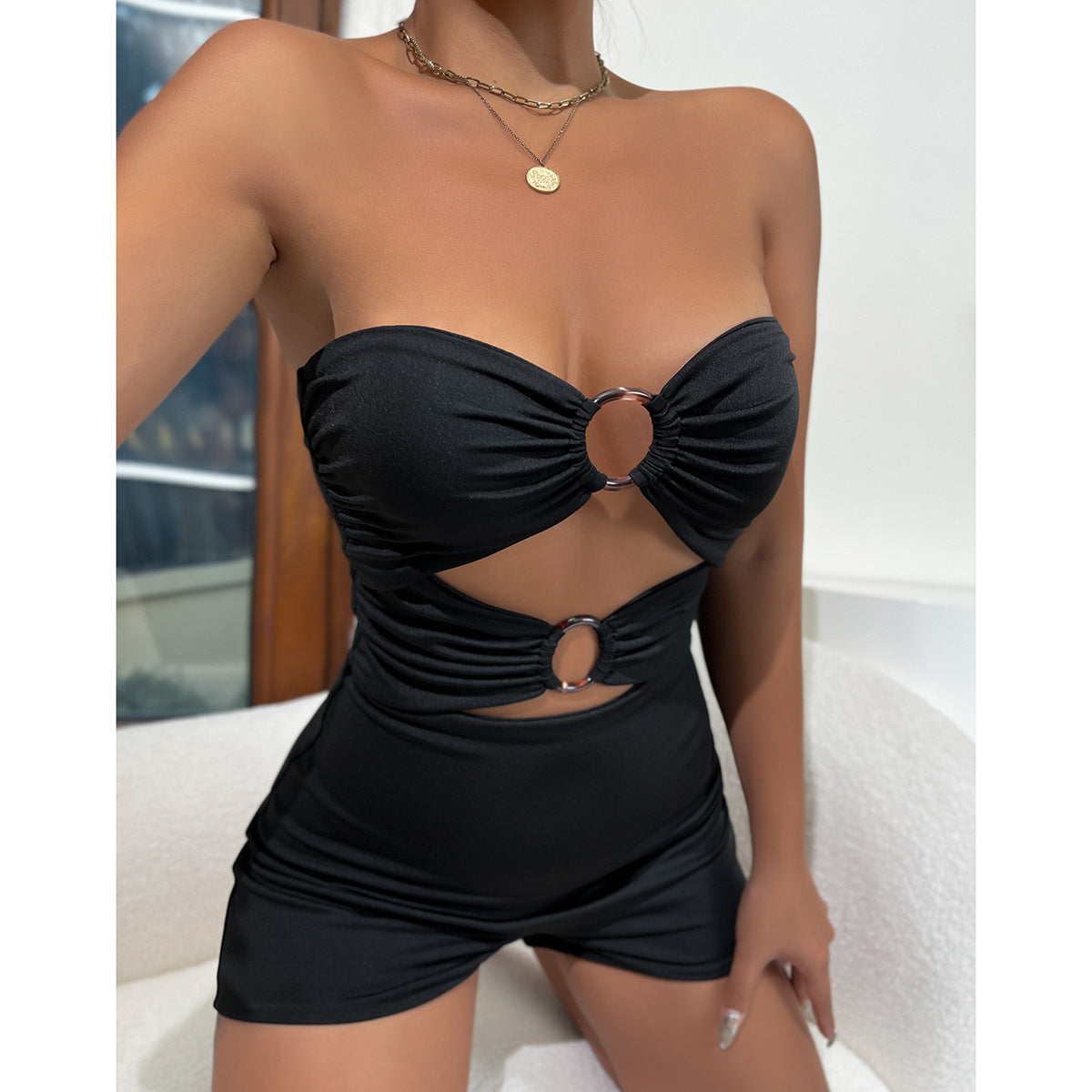 European Style Tube Top Jumpsuit with Hollow Design and Resin Ring