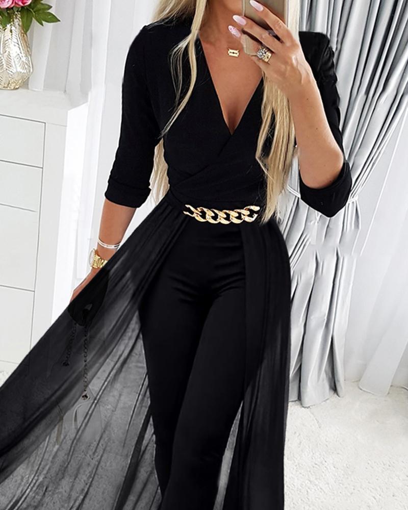 Chic Black Mesh V-neck Patchwork Jumpsuit-Stylish and Trendy Attire