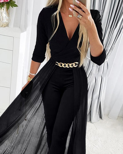 Chic Black Mesh V-neck Patchwork Jumpsuit - សំលៀកបំពាក់ទាន់សម័យ និងទាន់សម័យ