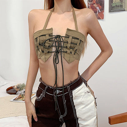 Vintage Tooling Hollowed Out Lace-up Neck Hanging Short Vest