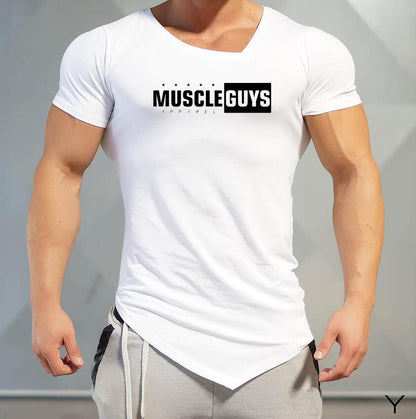 Men's Fitness Sports Irregular Short-Sleeved T-shirt in Pure Cotton