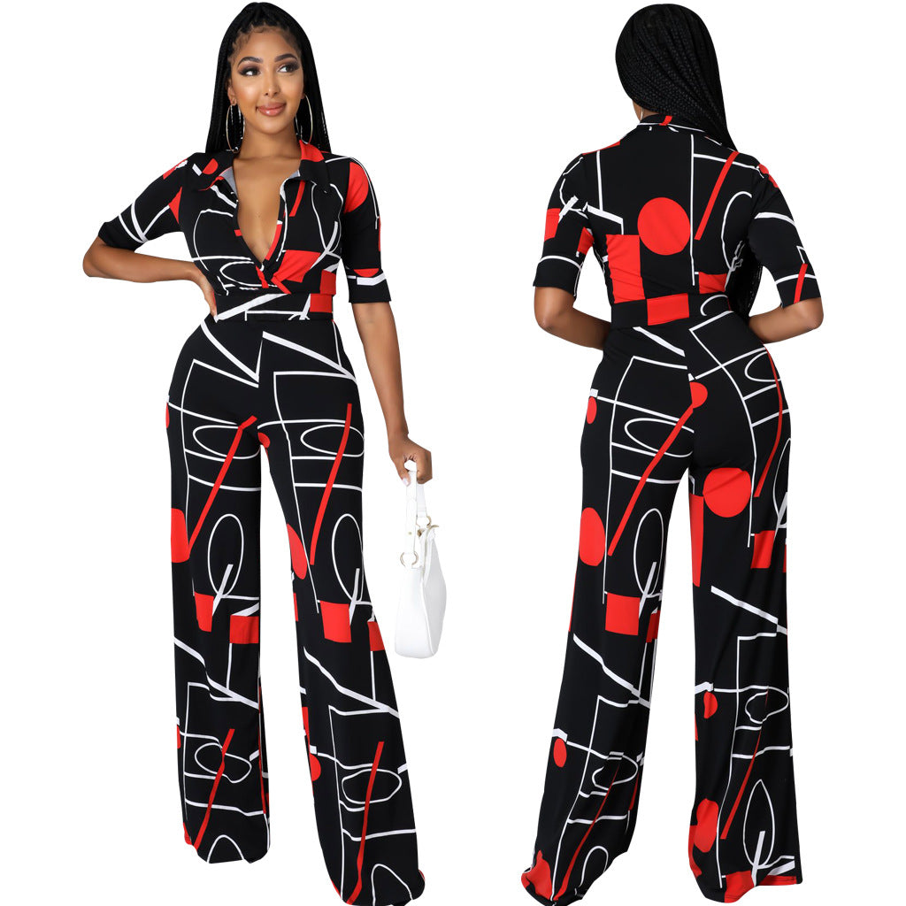 V-Neck Women's Jumpsuit with Fashion Digital Printing-Long and Stylish