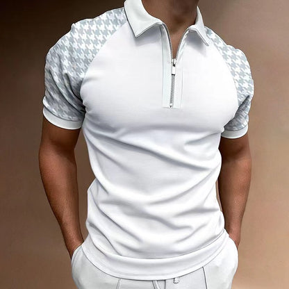 Men's Polo Shirt with Short Sleeve, Color Matching and Plaid Zipper