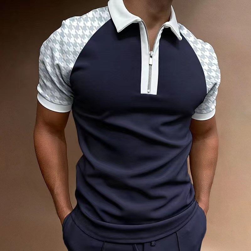 Men's Polo Shirt with Short Sleeve, Color Matching and Plaid Zipper