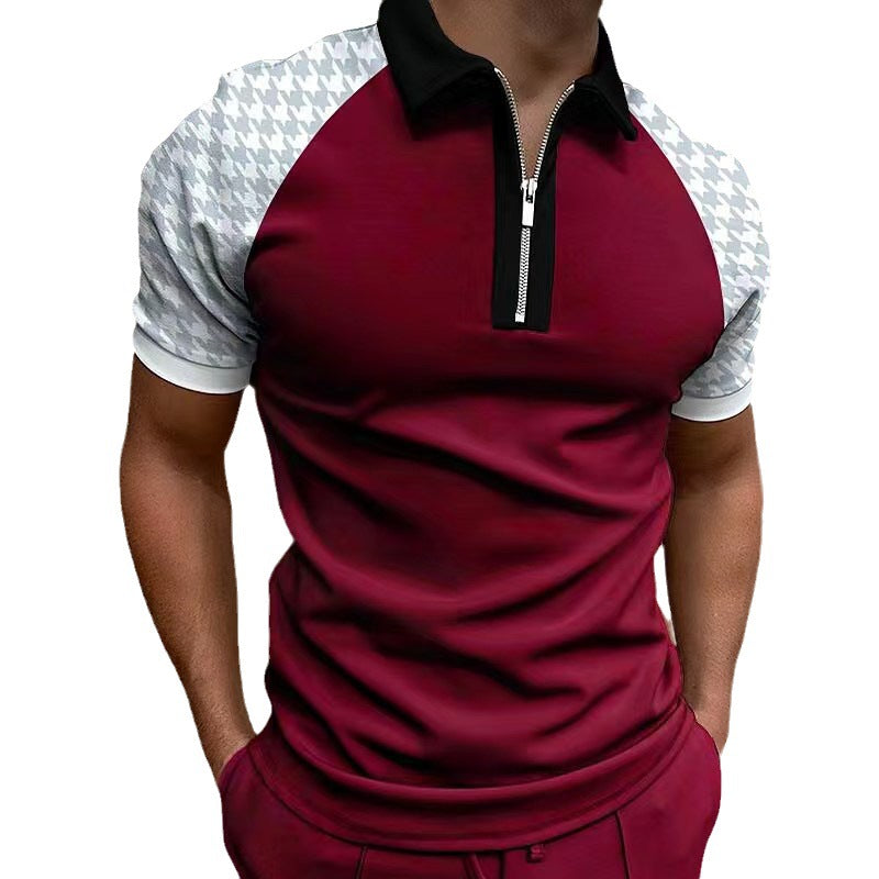 Men's Polo Shirt with Short Sleeve, Color Matching and Plaid Zipper