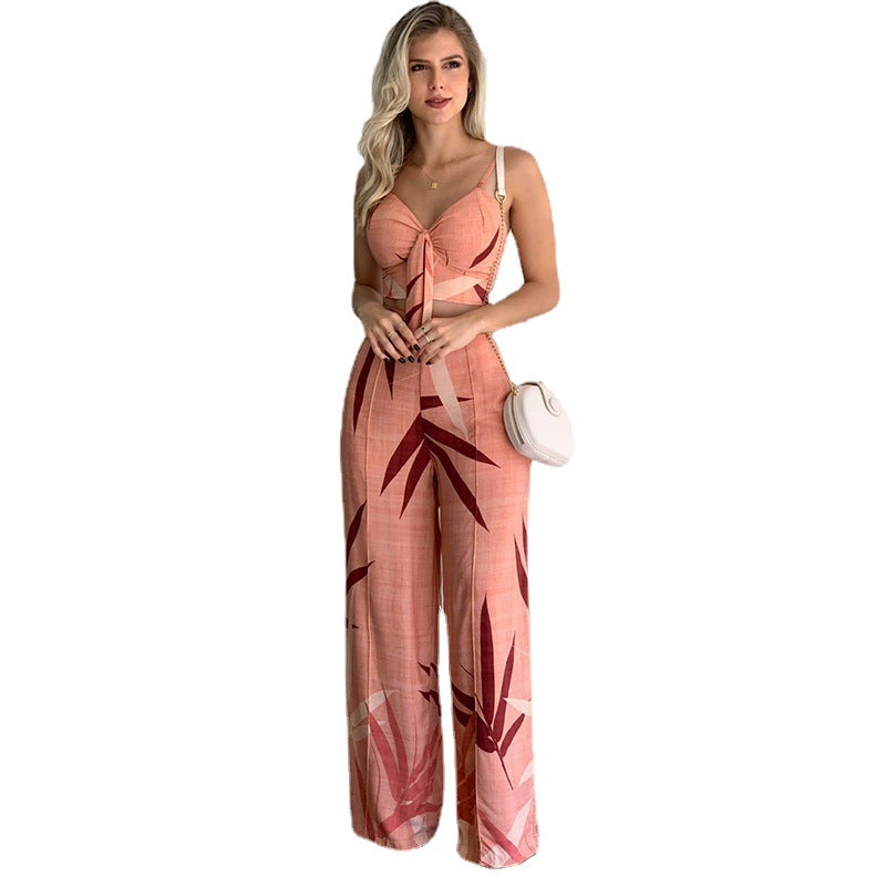 Floral Spaghetti Strap Crop Top with High Waist Wide Leg Pants Set