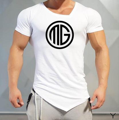 Men's Fitness Sports Irregular Short-Sleeved T-shirt in Pure Cotton