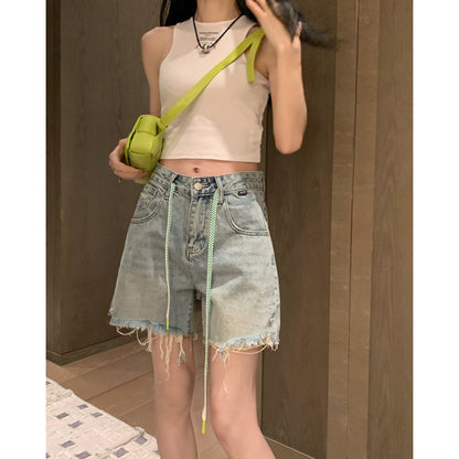 High Waist Wide Leg Denim Shorts with a Trendy Raw Edge Finish