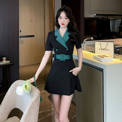 Chic Suit Collar Dress with Slimming Shorts-Elegant Two-piece Set