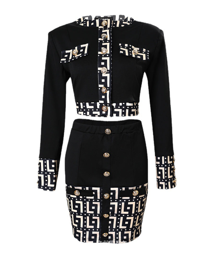 Fashion Print Stitching Suit Jacket with Mid-Length Dress Set