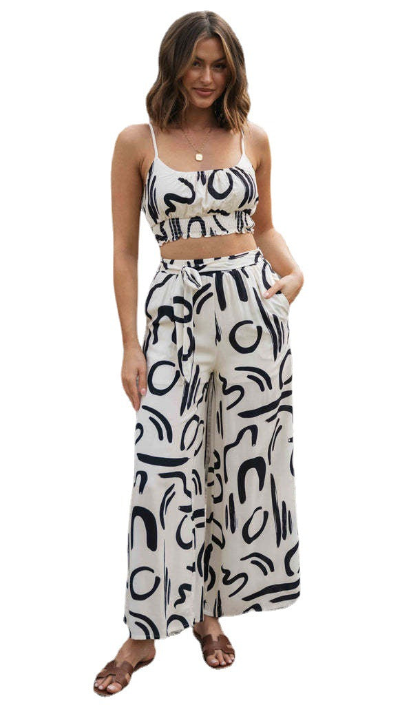 Women's Sleeveless Strap Short Top with Long Wide-Leg Pants