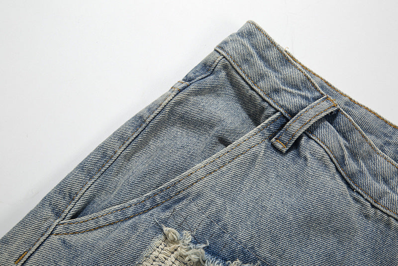 Fashion Washed Frayed Patch Denim Shorts for Trendy Casual Style