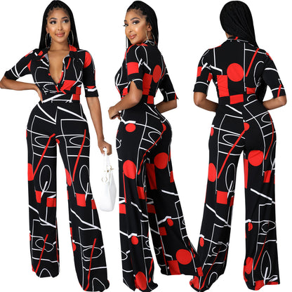 V-Neck Women's Jumpsuit with Fashion Digital Printing-Long and Stylish