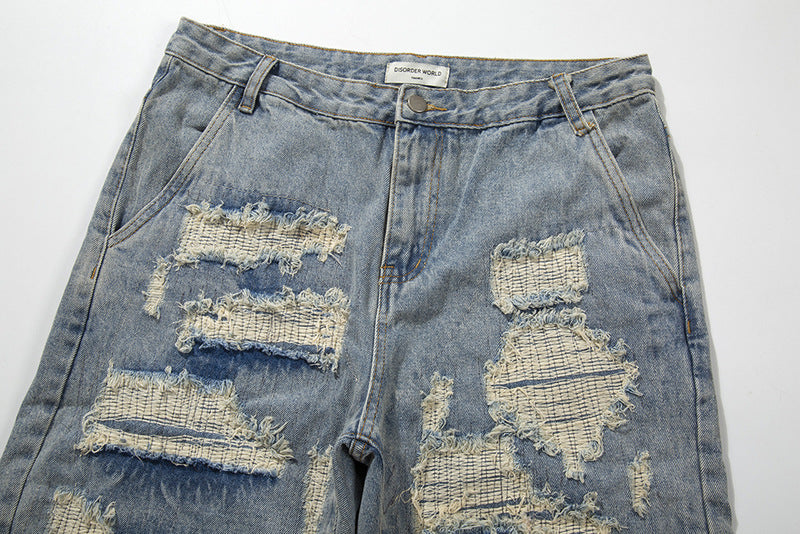 กางเกงขาสั้นเดนิมแฟชั่น Washed Frayed Patch