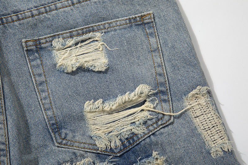 กางเกงขาสั้นเดนิมแฟชั่น Washed Frayed Patch