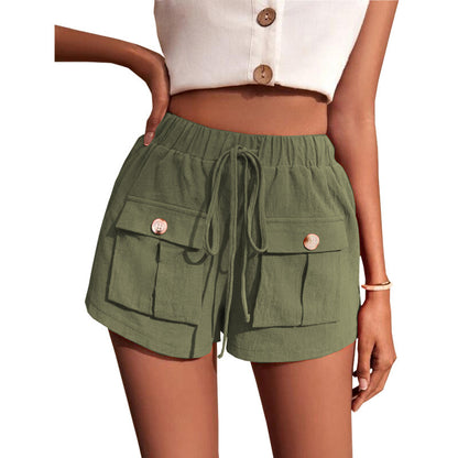 Women's Pocketed Loose Cargo Shorts with Mid Waist and Drawstring