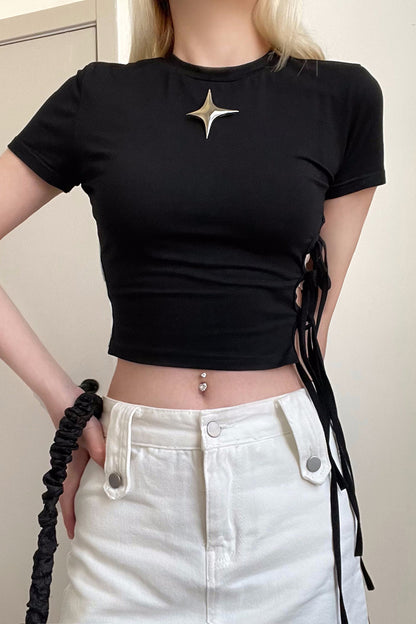 Dark Metal Decorative Short Sleeve T-Shirt with Waist Hollow Design