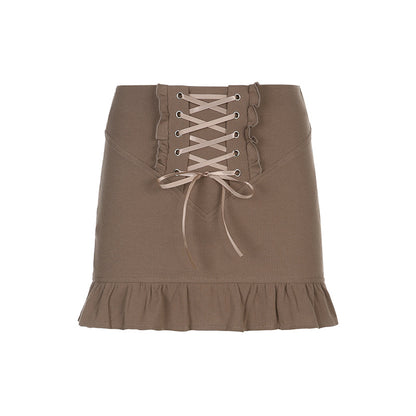 Skinny Panel Lace-Up Brown Ruffle Hip Skirt for a Stylish Twist