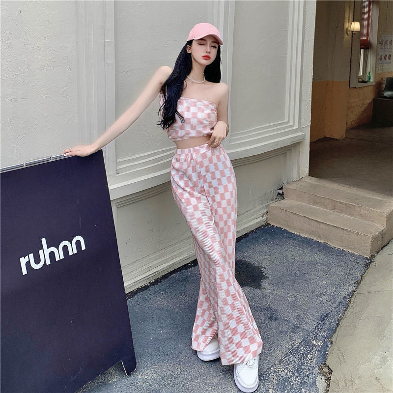 Short Tube Top Plaid Pleated Wide-leg Pants Two-piece Set