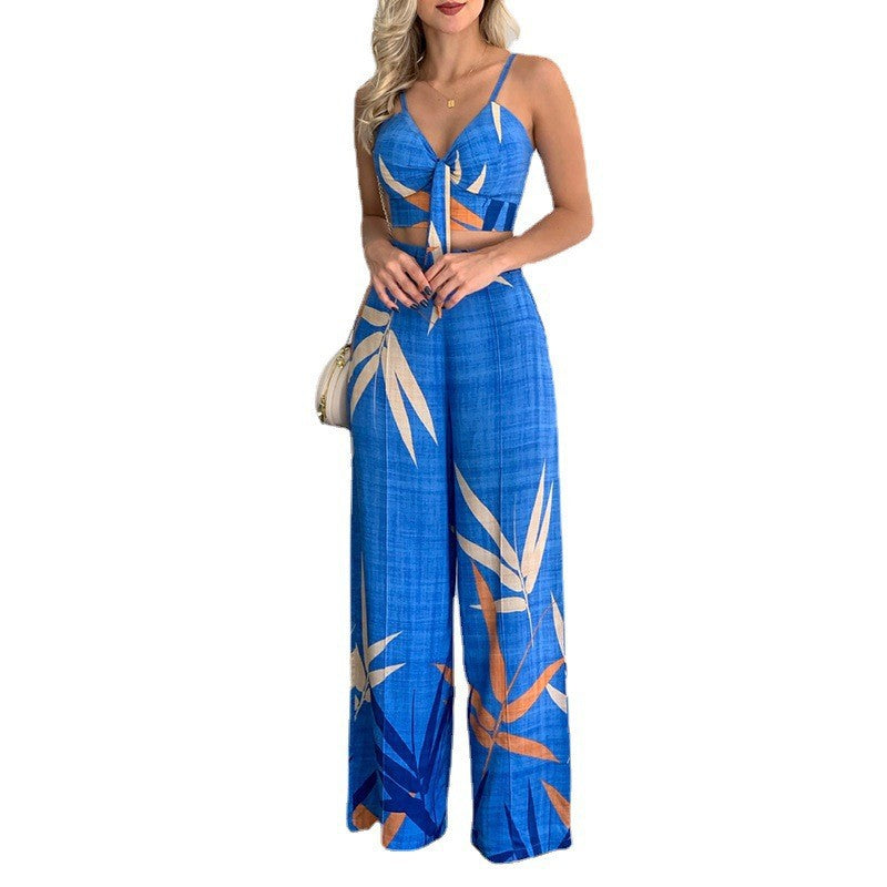 Floral Spaghetti Strap Crop Top with High Waist Wide Leg Pants Set