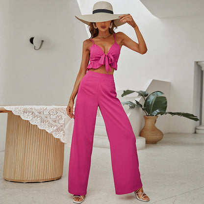 Rose Red Sling Tube Top and Backless Long Bell-bottom Pants suite