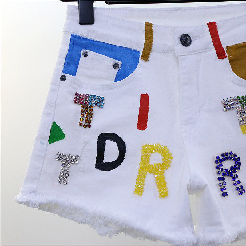 Letters and Diamonds Adorned Stretch Shorts with Raw Edge Detailing