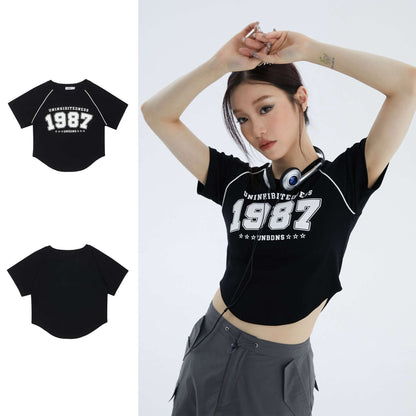 เสื้อยืดแขนสั้นดีไซน์น่าสนใจเป็นพิเศษสำหรับฤดูร้อนของผู้หญิงปี 1987