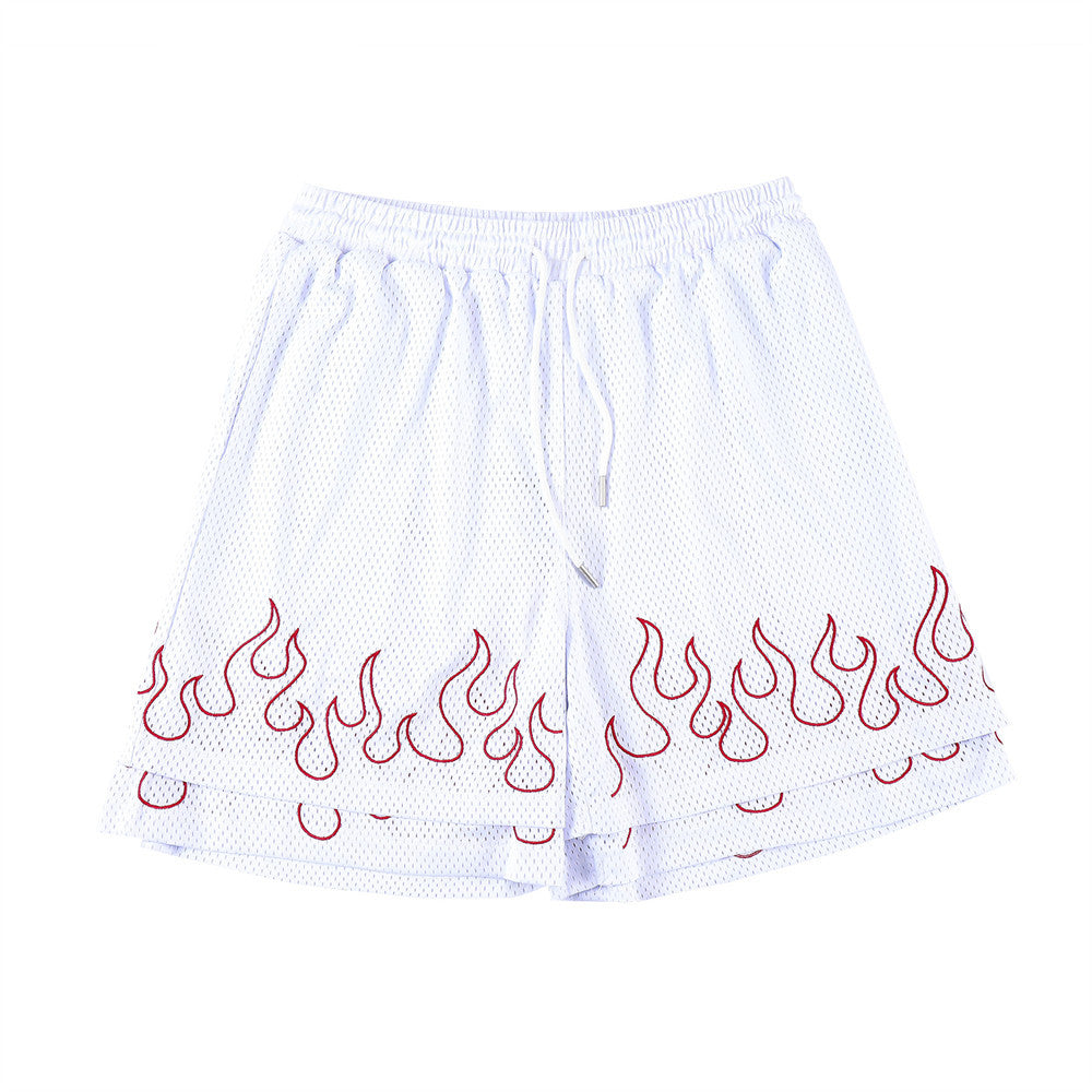 Flame Embroidered Fake Two-Piece Sports Shorts for Men's Fashion