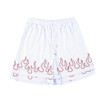 Flame Embroidered Fake Two-Piece Sports Shorts for Men's Fashion