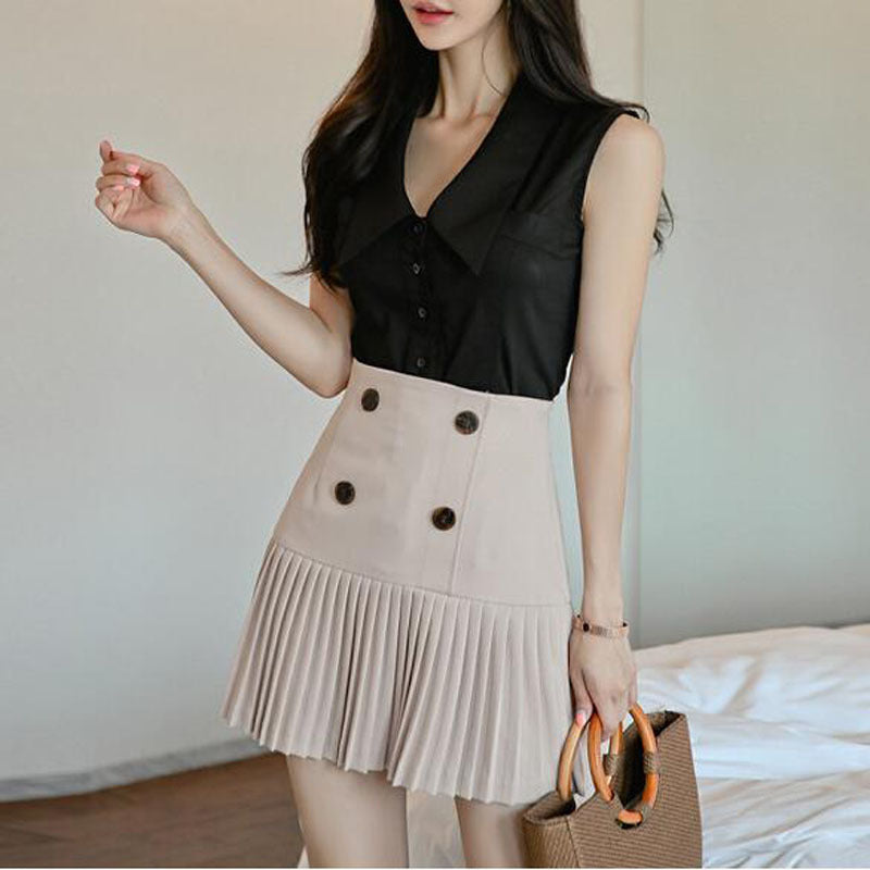 Chic V-neck Sleeveless Top with High Waist Pleated Skirt Set