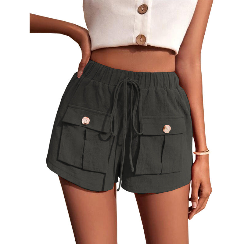 Women's Pocketed Loose Cargo Shorts with Mid Waist and Drawstring